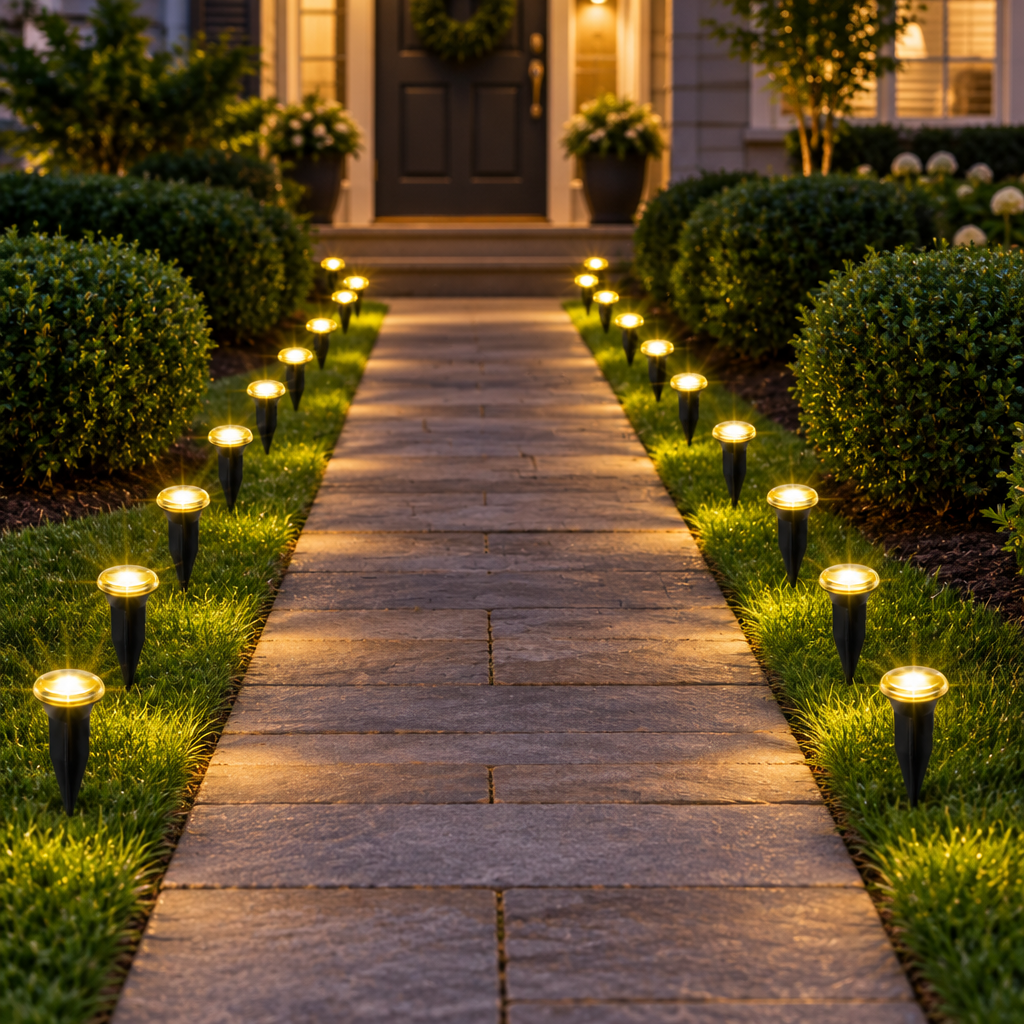 Solar pathway lights lining a walkway to a front door