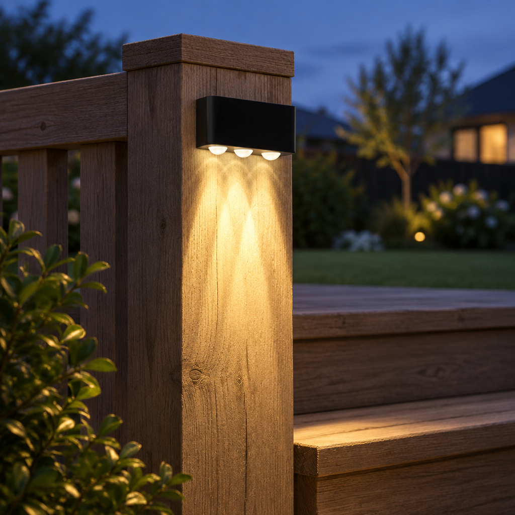 Solar step light mounted on a wooden fence post beside outdoor garden steps