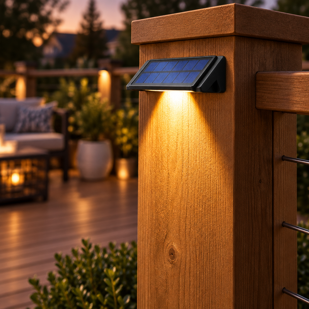 Solar fence light mounted on a wooden deck post, casting light down the timber