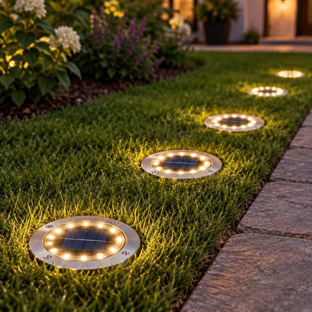 Solar disk light set flush into a lawn edge beside a garden path at twilight
