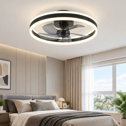Modern LED ceiling fan with light installed on a bedroom ceiling