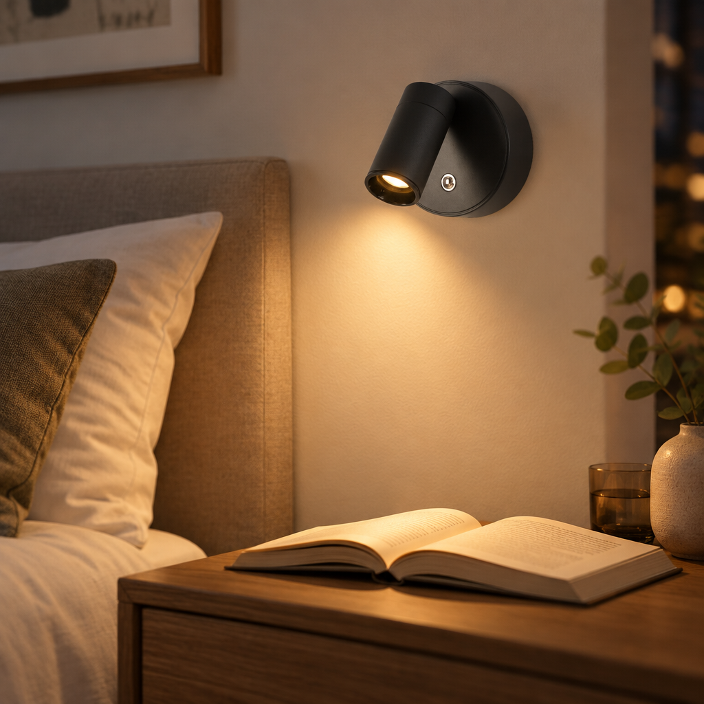 Rechargeable magnetic wall light mounted above a bedside table in a bedroom