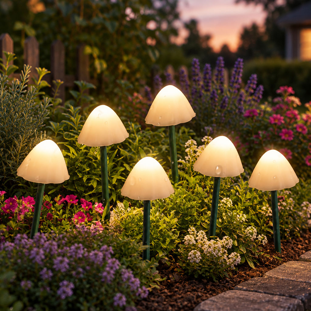 Mushroom string lights glowing in a garden flower bed at dusk