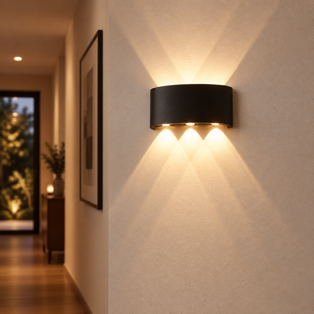LED up-and-down wall sconce mounted on a hallway wall, casting light up and down