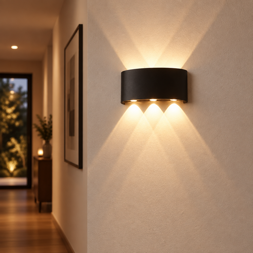 LED up-and-down wall sconce mounted on a hallway wall, casting light up and down