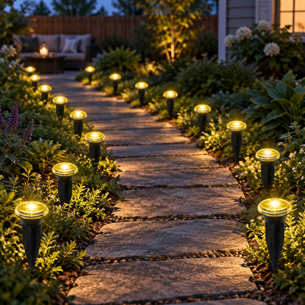 Solar pathway lights staked along a garden path at dusk
