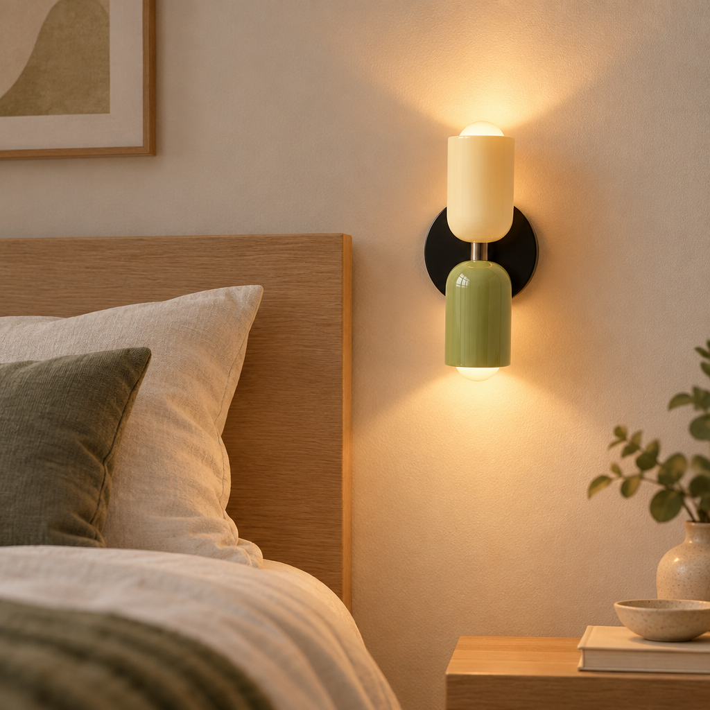 Macaron wall lamp mounted beside a bed in a modern bedroom