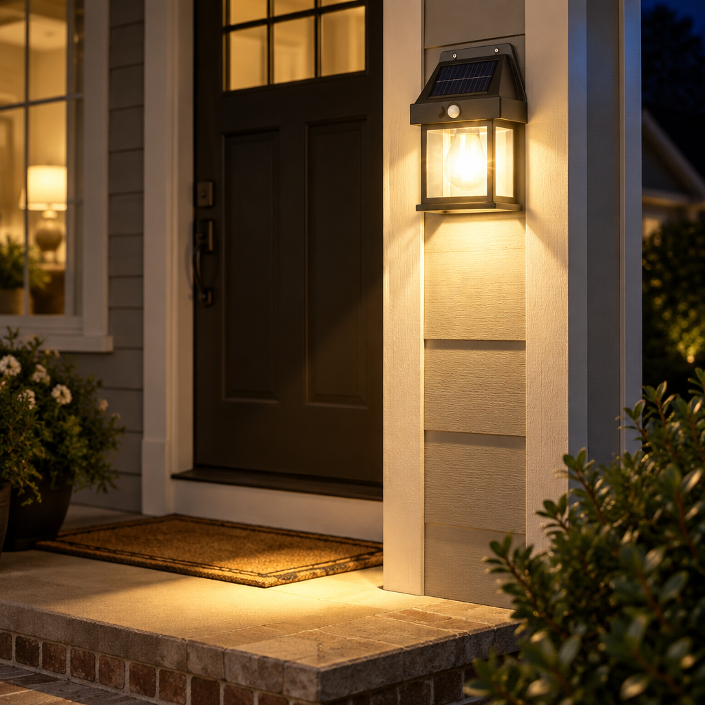 Solar motion sensor wall lantern mounted beside a front porch entrance at night