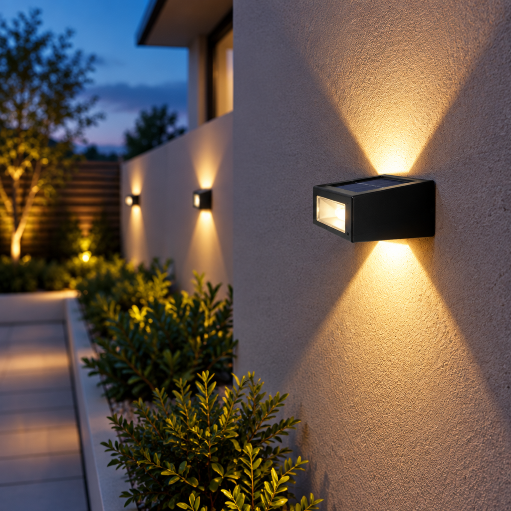Solar up-and-down wall light mounted on a garden wall, lit at dusk