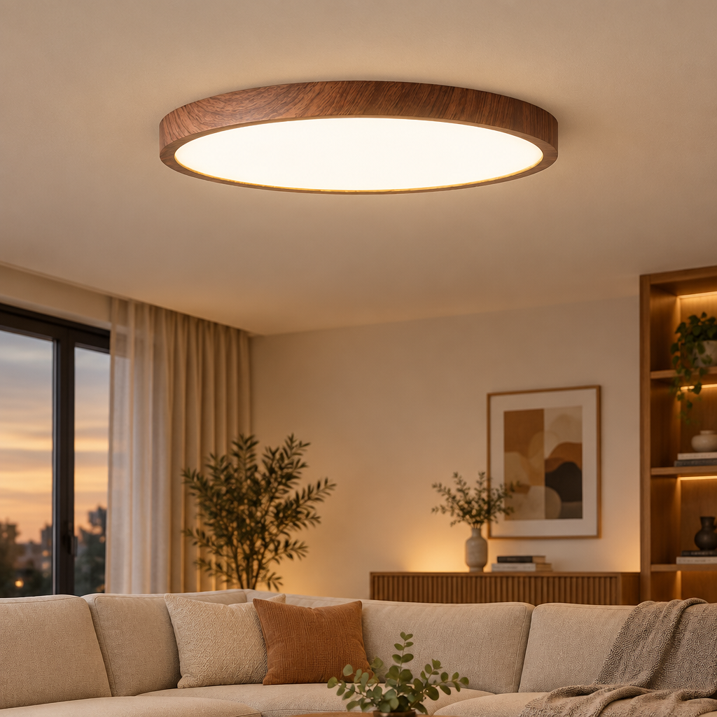 Ultra-thin wood grain LED ceiling light installed on a living room ceiling