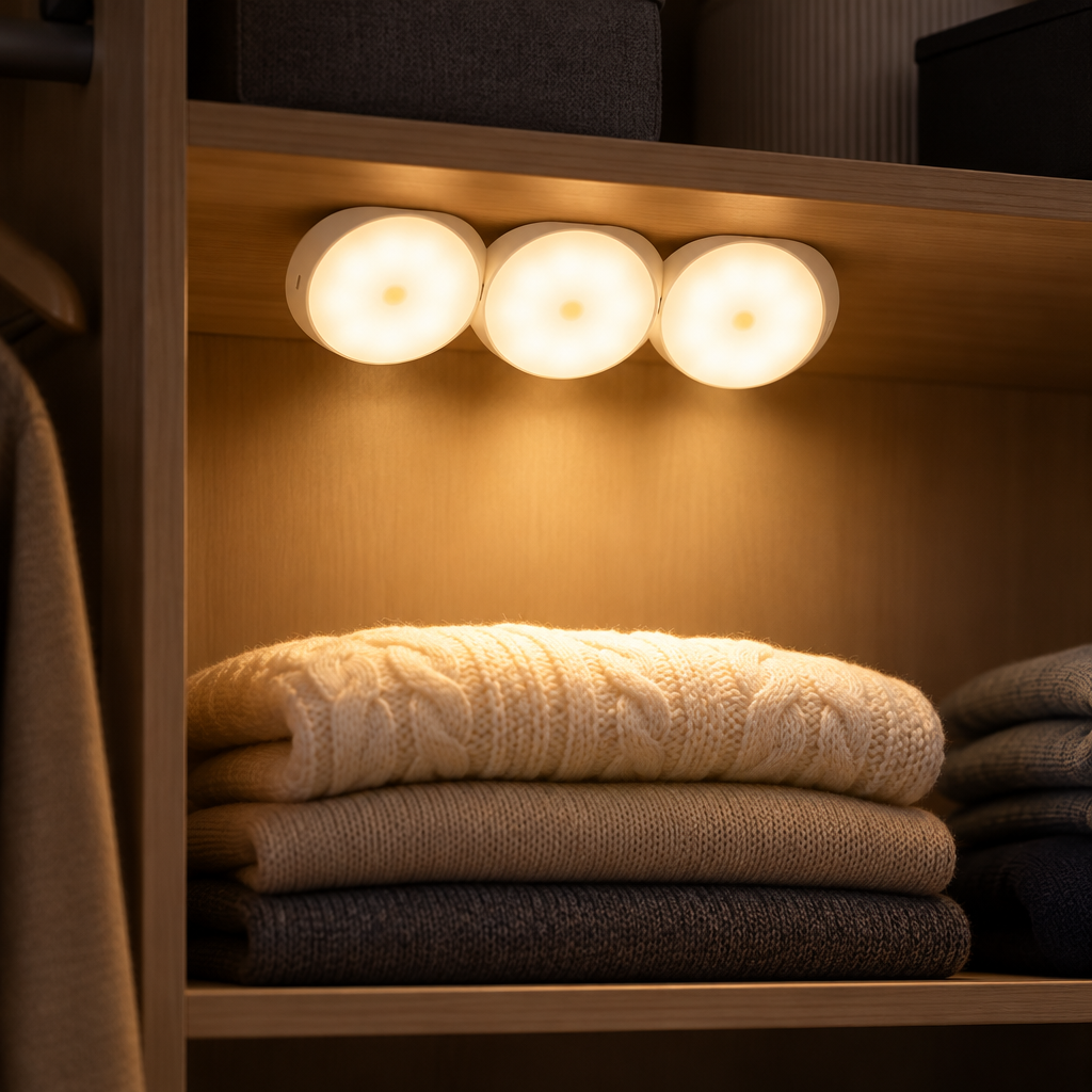 Motion sensor night light mounted inside a wardrobe above folded clothes