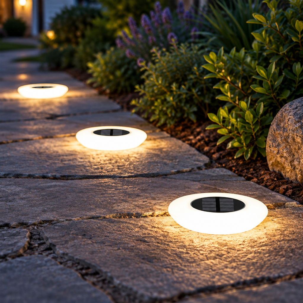 Solar ground disk lights installed flush along a stone garden pathway at dusk