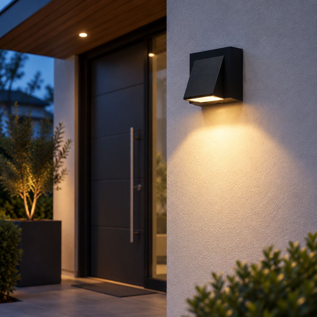 Black outdoor wall light mounted beside a house entrance at dusk
