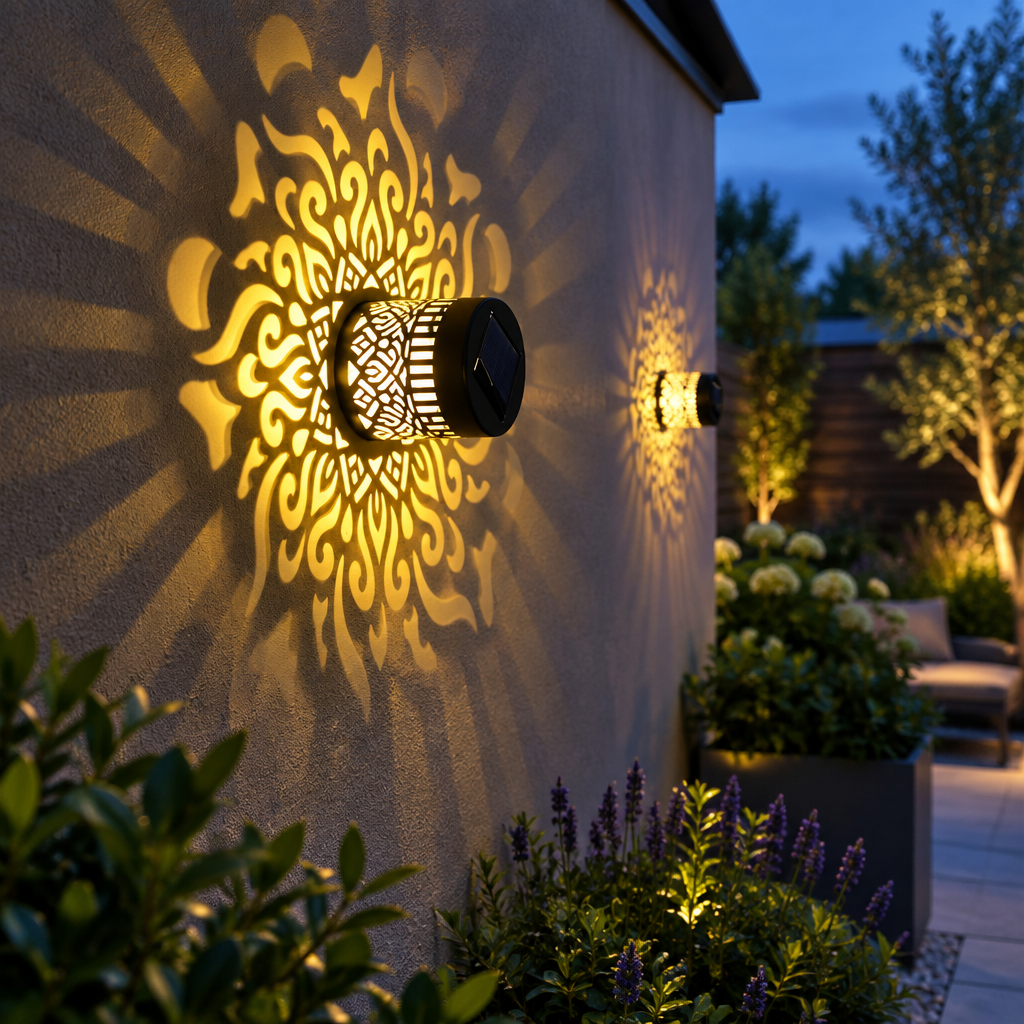 Decorative solar flower wall light mounted on a garden courtyard wall at dusk