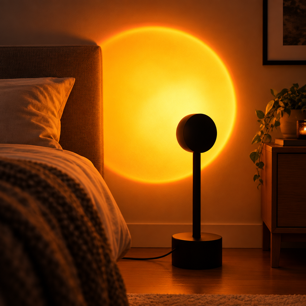 Sunset lamp projector casting a warm sunset glow across a bedroom wall