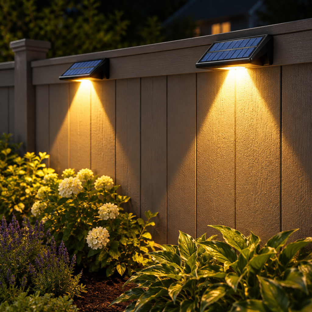 Solar fence lights mounted in a row along a garden fence at night