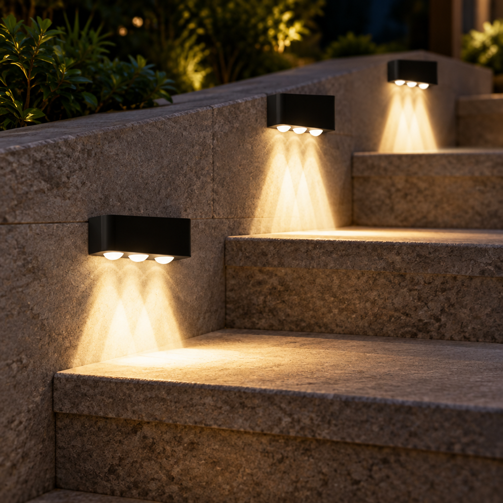 Solar step lights mounted along outdoor stone stairs, lighting each tread at night