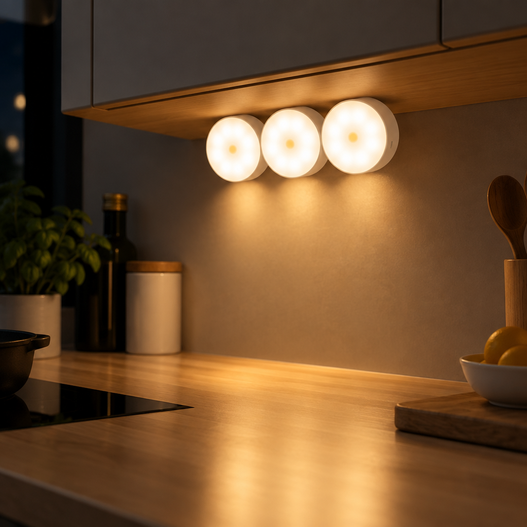 Motion sensor night light mounted under a kitchen cabinet, lighting the worktop at night