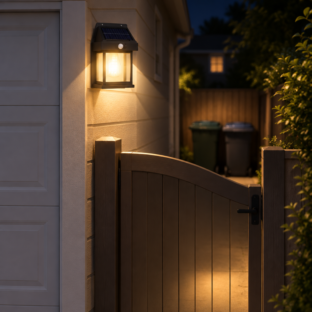 Solar motion sensor lantern mounted on a garage wall above a side gate at night