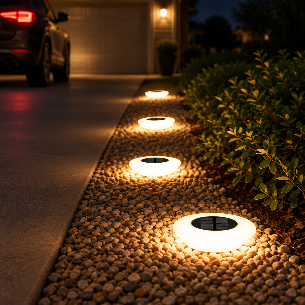 Solar ground lights marking the gravel edge of a residential driveway at night