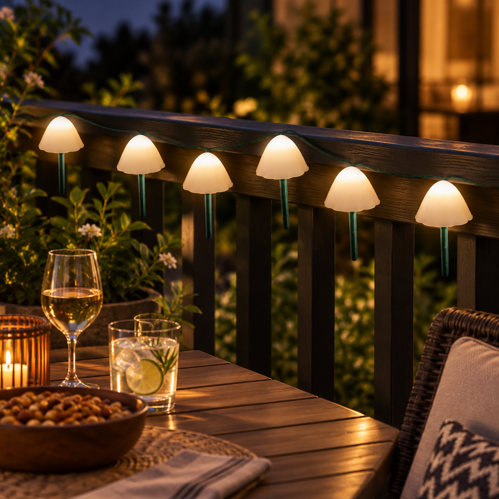 Mushroom string lights draped along a patio railing beside an outdoor table at night