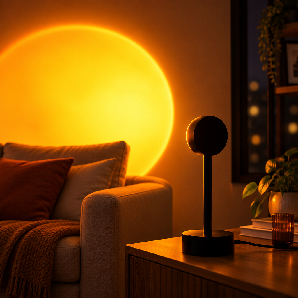 Sunset lamp projector on a console table casting a warm glow across a living room wall