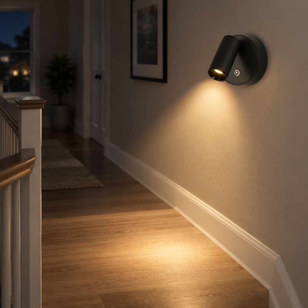 Rechargeable magnetic wall light mounted on a hallway wall at the top of a staircase