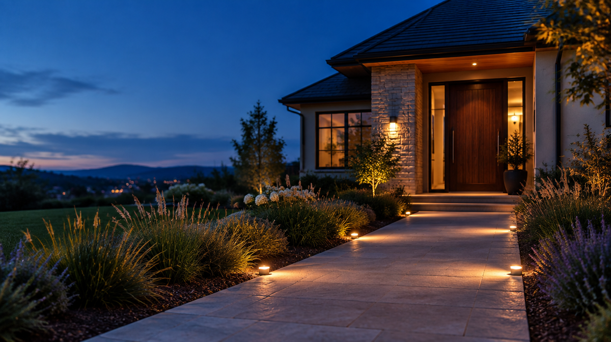 Solar path lights along a stone walkway to a modern front door at dusk