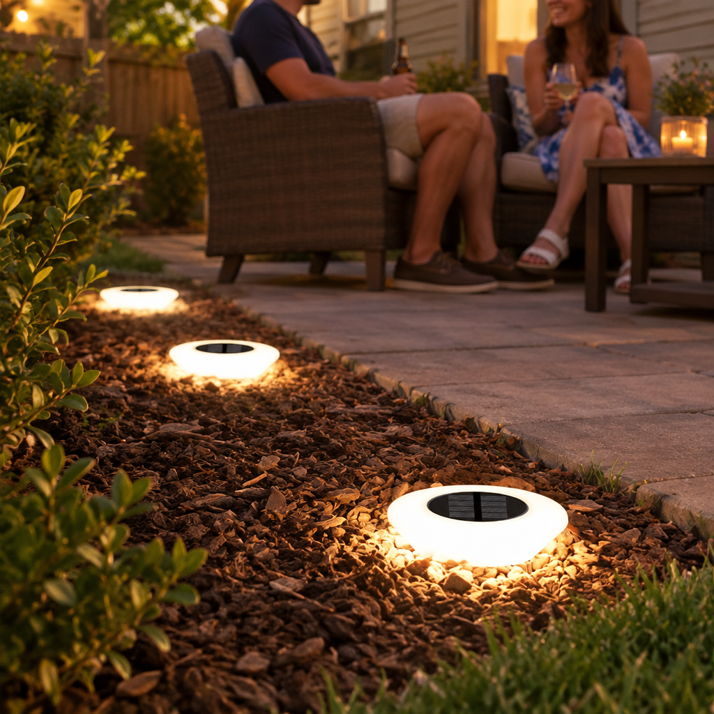 Solar ground lights bordering a backyard patio in the evening