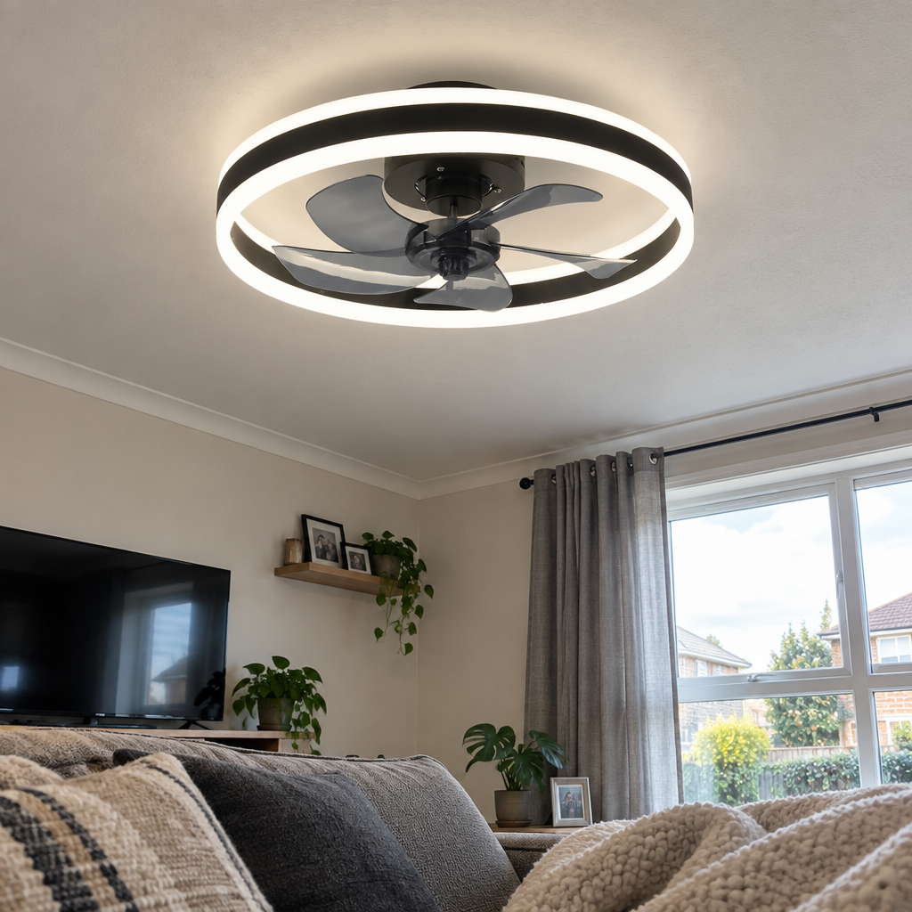 Ceiling fan with its light on in a living room, seen from the sofa