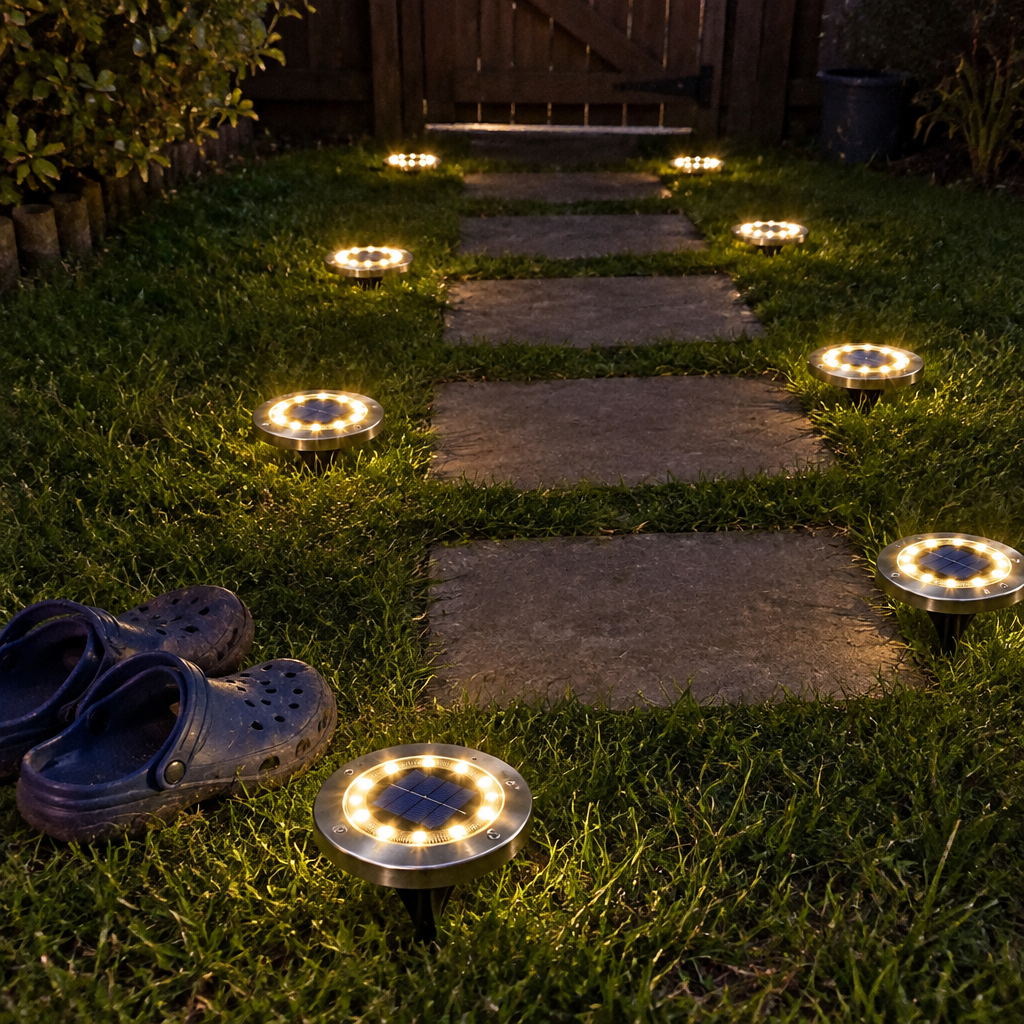 Solar disk lights beside stepping stones crossing a lawn at night