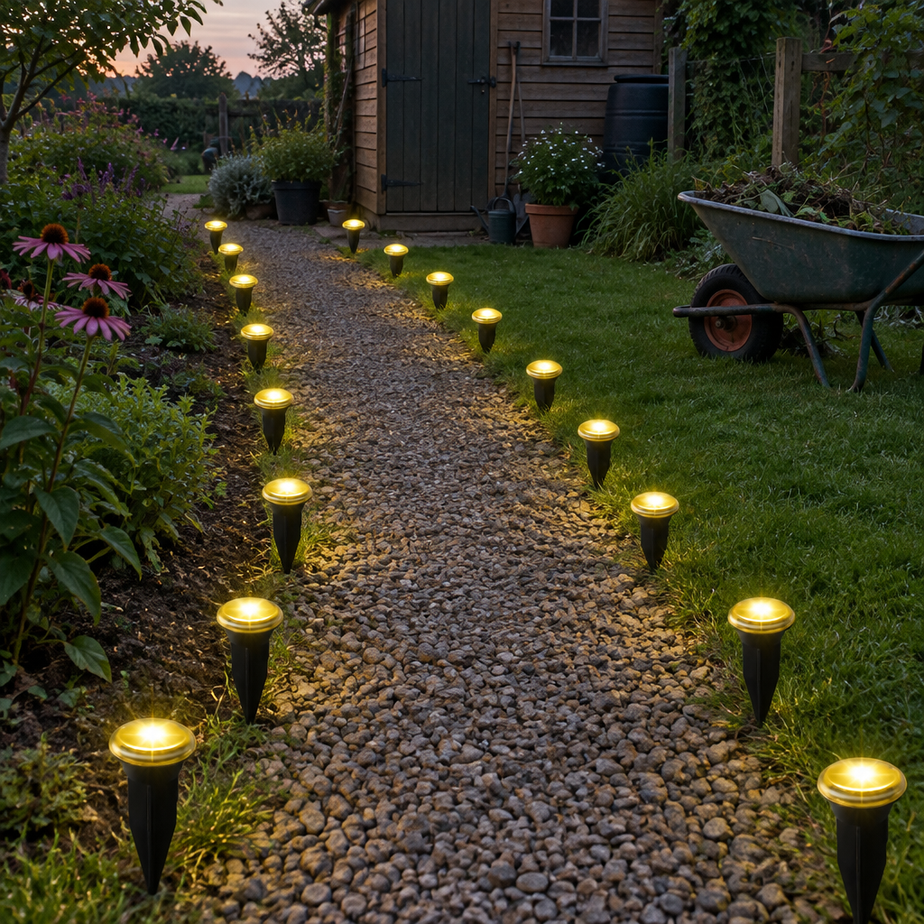 Solar pathway lights along a gravel path leading to a garden shed at dusk