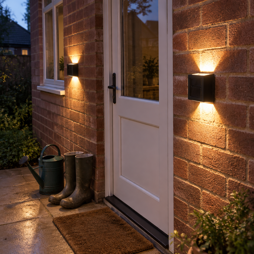 Solar up-and-down wall light beside a back door lighting the doorstep