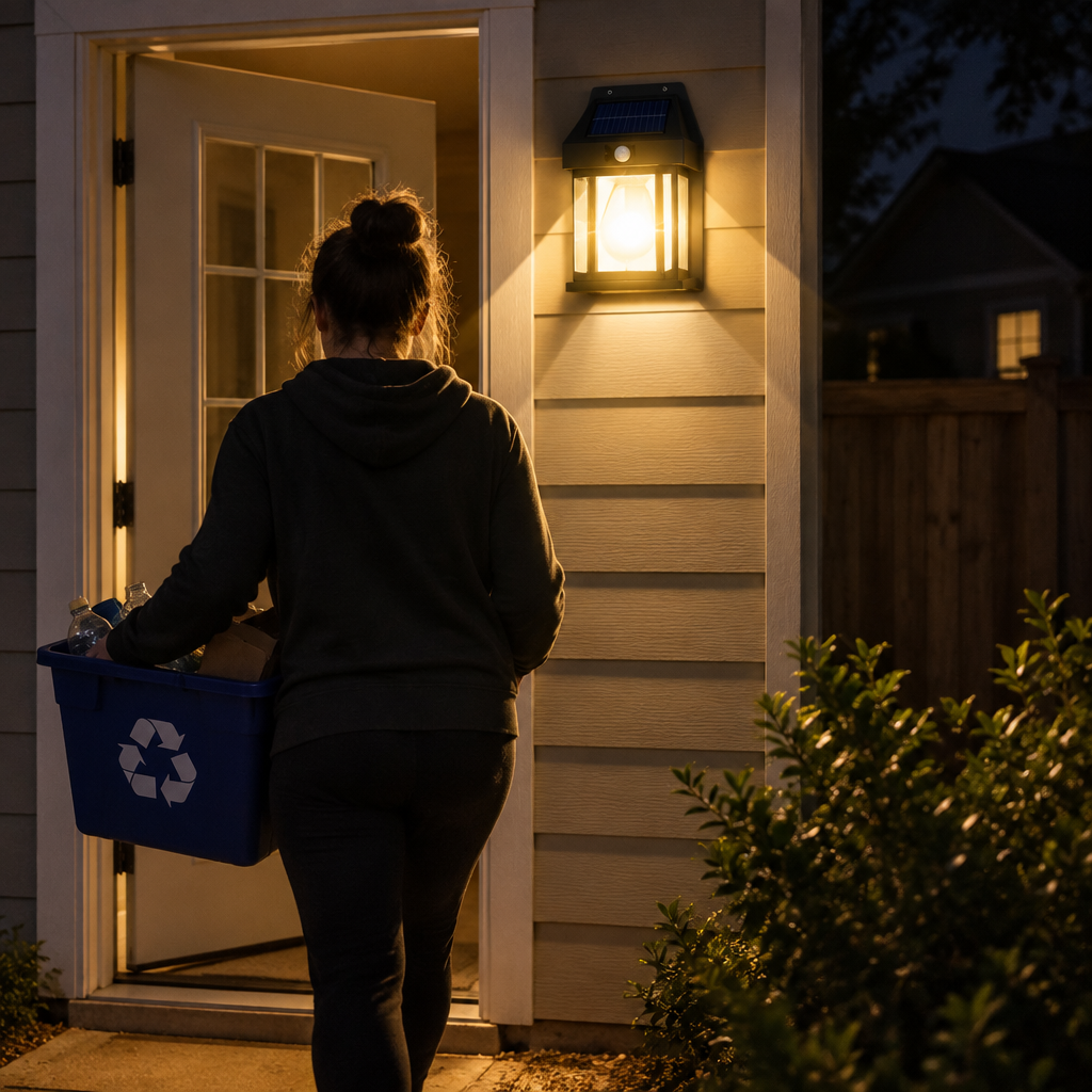 Solar motion sensor lantern lighting a back door as someone carries out recycling