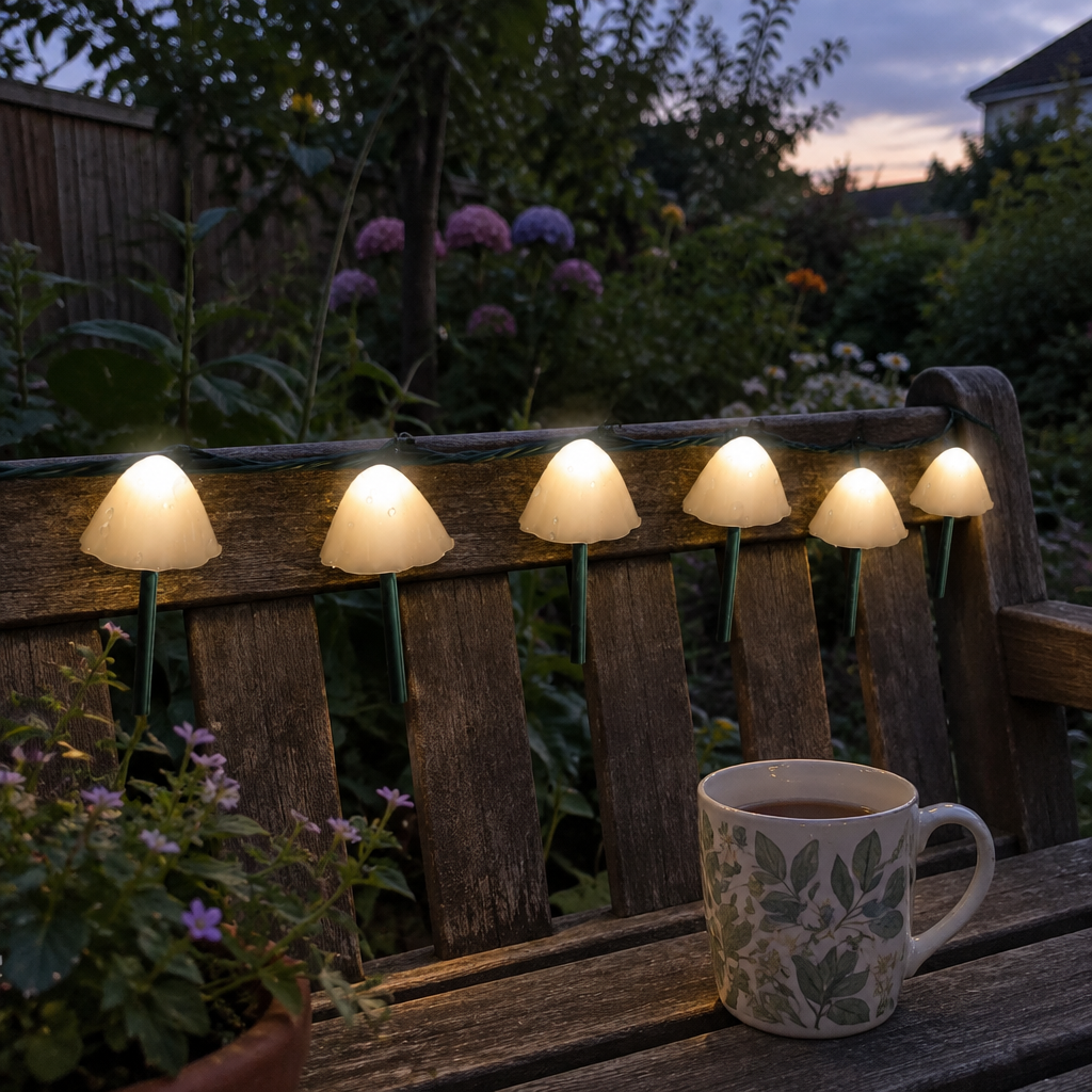 Mushroom string lights along the back of a garden bench at dusk