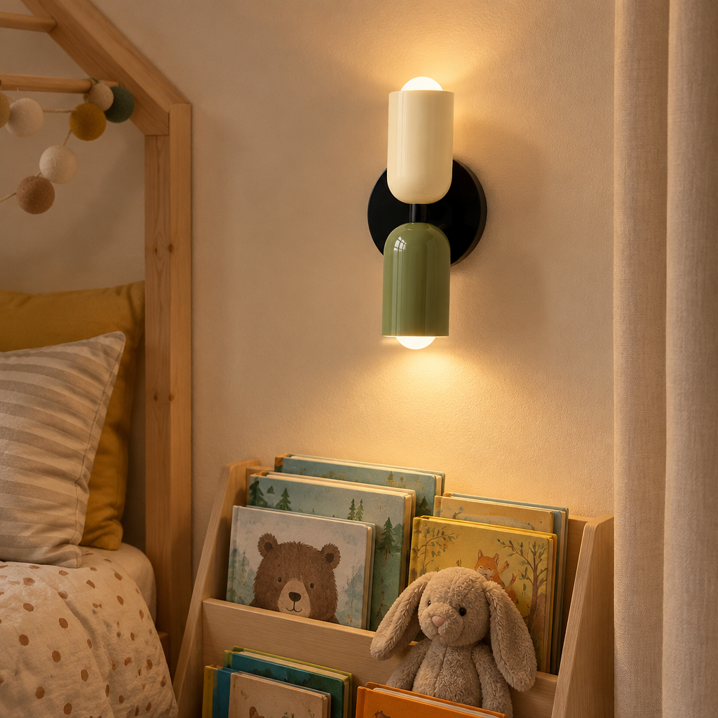 Macaron wall lamp lit above a bookshelf in a child's reading nook