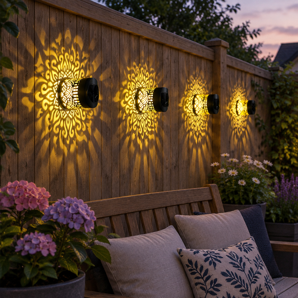 Solar flower wall light on a garden fence above a bench with potted flowers