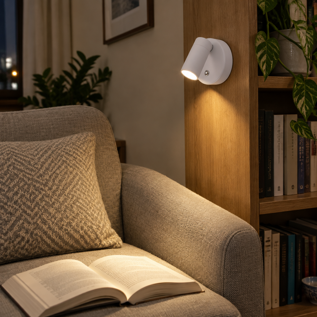 Rechargeable magnetic wall light on a bookshelf panel lighting a reading chair
