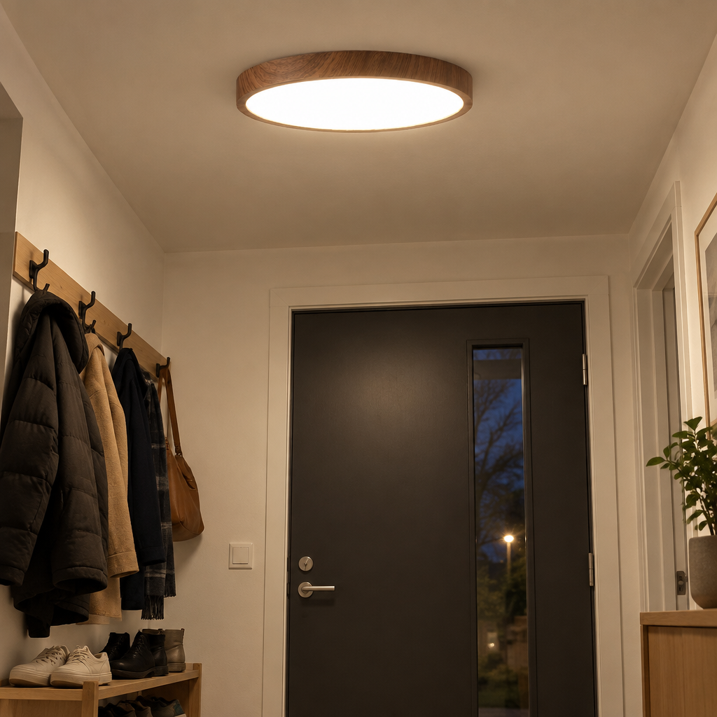 Ultra-thin wood grain ceiling light switched on above a home entryway