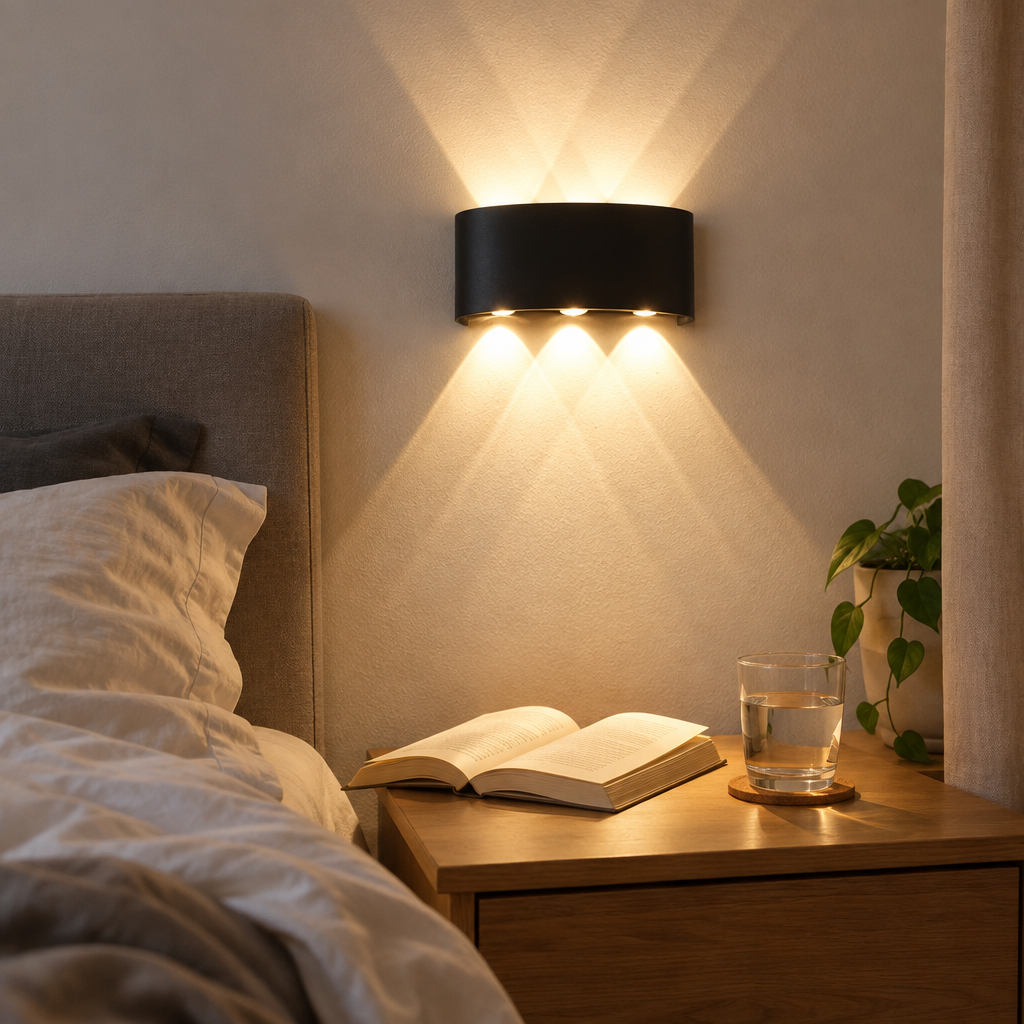 LED up-and-down wall sconce above a bedside table lighting a book