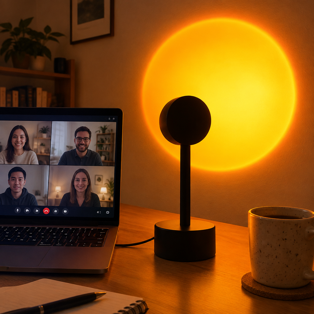 Sunset lamp projector on a desk beside a laptop casting a glow on the wall