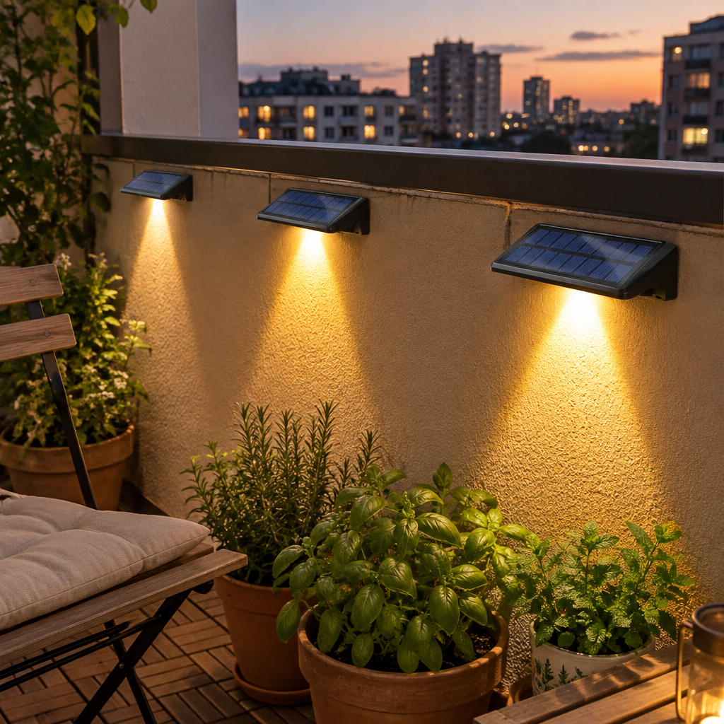 Solar fence light mounted on an apartment balcony railing beside potted herbs